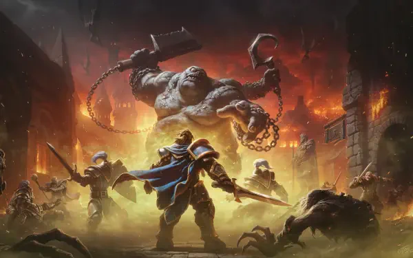 World of Warcraft warrior battles a towering chained monster on a fiery battlefield, 4K Ultra HD PC desktop wallpaper.