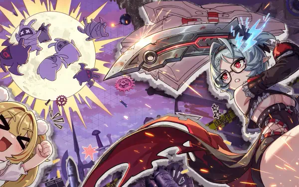 Roxy wielding a futuristic weapon amid anime action in Zenless Zone Zero, 5K Ultra HD PC desktop wallpaper.