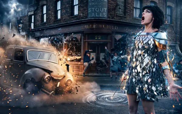 The Chronicles of Narnia: The Magician’s Nephew 5K Ultra HD wallpaper of a woman on a city street beside an exploding vintage car.