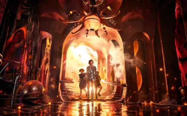 A woman stands before a glowing portal in a dark fantasy hall, from The Chronicles of Narnia: The Magician’s Nephew, 4K Ultra HD desktop wallpaper.
