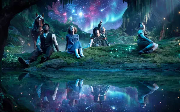 The Chronicles of Narnia: The Magician’s Nephew 5K Ultra HD PC desktop wallpaper, with characters in a forest beneath a glowing galaxy reflected in water.