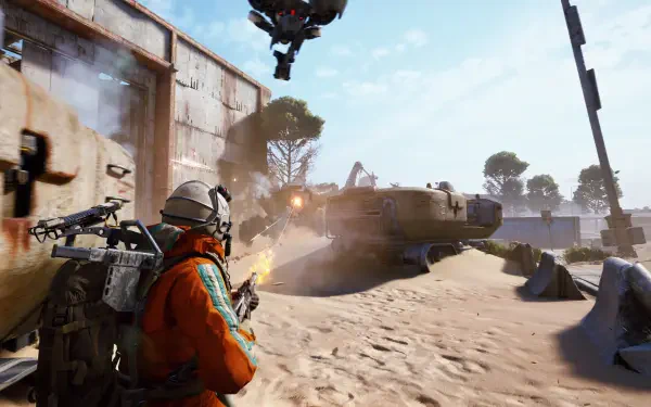 ARC Raiders HD PC desktop wallpaper featuring a soldier firing at a tank in a dusty battlefield, with a drone overhead.