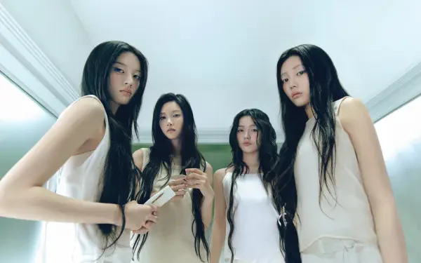 ILLIT Break Even group portrait of four women in white outfits, featured in a 4K Ultra HD PC desktop wallpaper and background.