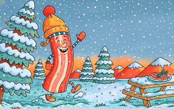 Cheerful cartoon bacon hot dog dancing in a snowy winter forest, 4K Ultra HD PC desktop wallpaper background.