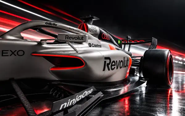 Audi R26 F1 race car on a glowing track, featured in a dramatic 4K Ultra HD PC desktop wallpaper and background.