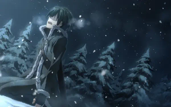 Kirito from Sword Art Online stands in a snowy forest at night, featured in a 4K Ultra HD PC desktop wallpaper and background.