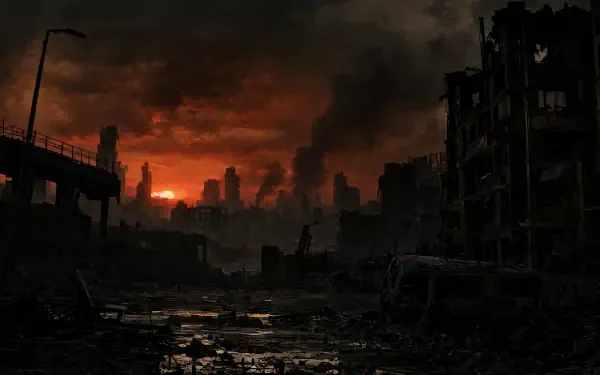 Apocalyptic city ruins beneath a fiery sunset, 4K Ultra HD PC desktop wallpaper and background.