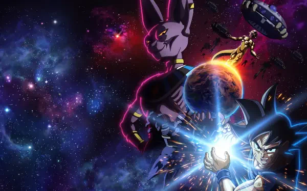 Beerus and Goku clash in a cosmic Dragon Ball Super scene, 5K Ultra HD PC desktop wallpaper and background.