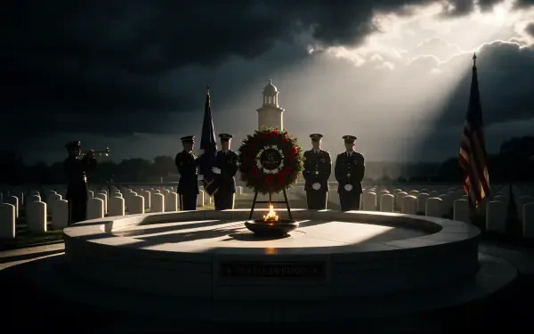 Memorial Day war memorial with soldiers, wreath, and eternal flame beneath stormy skies, 4K Ultra HD PC desktop wallpaper and background.
