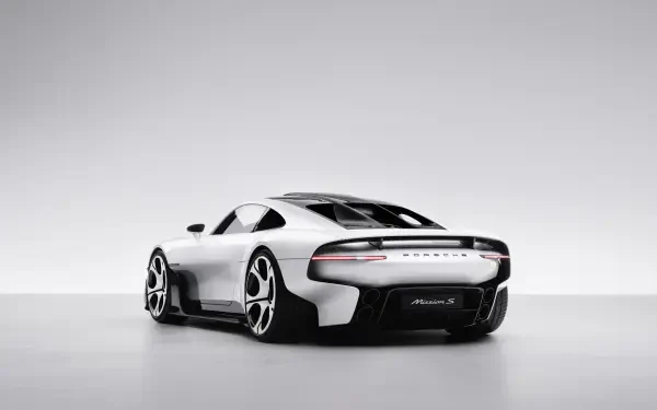 Porsche Mission S concept sports car in a sleek rear view, featured in a 5K Ultra HD PC desktop wallpaper and background.
