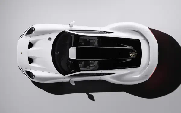 Top-down view of a white Porsche Mission S concept car on a gray backdrop, 5K Ultra HD PC desktop wallpaper.