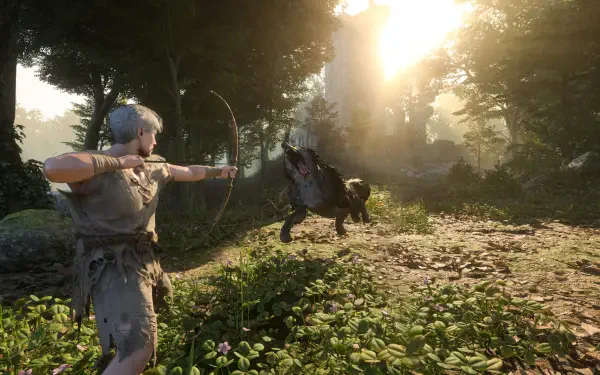 Enshrouded fantasy archer draws a bow at a charging boar in a sunlit forest, HD PC desktop wallpaper background.
