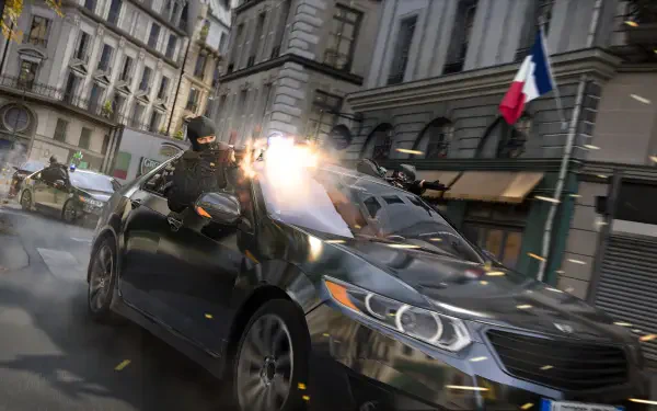 Call of Duty: Modern Warfare 4 HD PC desktop wallpaper showing a masked soldier firing a gun from a speeding car on a city street.