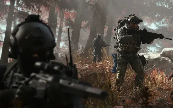 Call of Duty: Modern Warfare 4 HD PC desktop wallpaper featuring military soldiers with rifles moving through a misty forest.