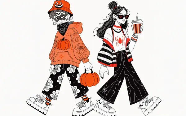 4K Ultra HD Halloween couple wallpaper featuring fashionable skeletons in spooky outfits, one carrying a pumpkin.