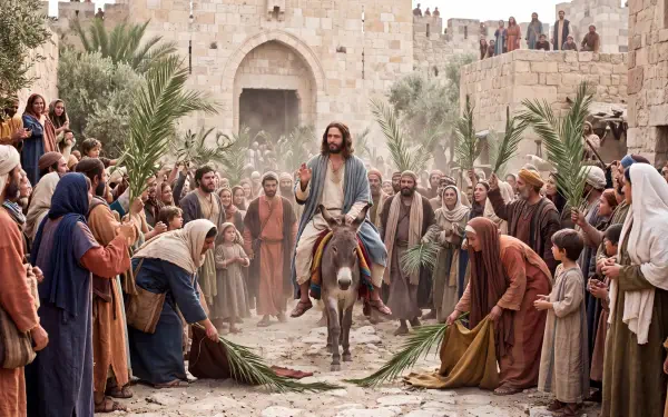 Jesus rides a donkey into Jerusalem as crowds wave palm branches on Palm Sunday, 5K Ultra HD PC desktop wallpaper and background.