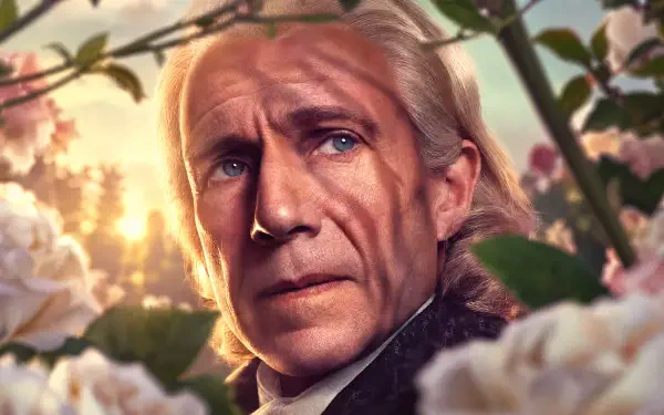 4K Ultra HD desktop wallpaper of elderly Coriolanus Snow from The Hunger Games, shown in a detailed portrait among flowers and foliage.