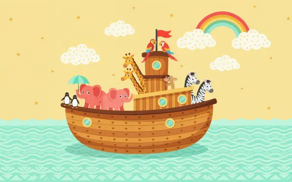 Colorful Noah’s Ark with animal pairs sailing beneath a rainbow, 4K Ultra HD PC desktop wallpaper and background.