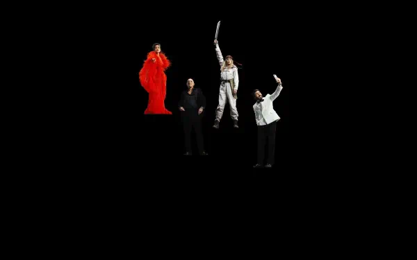 Sacrifice (2026) 4K Ultra HD PC desktop wallpaper featuring four figures against a stark black background.