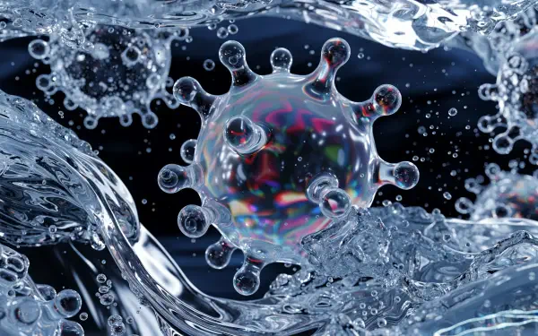 3D coronavirus particle surrounded by splashing water and bubbles, 4K Ultra HD PC desktop wallpaper and background.