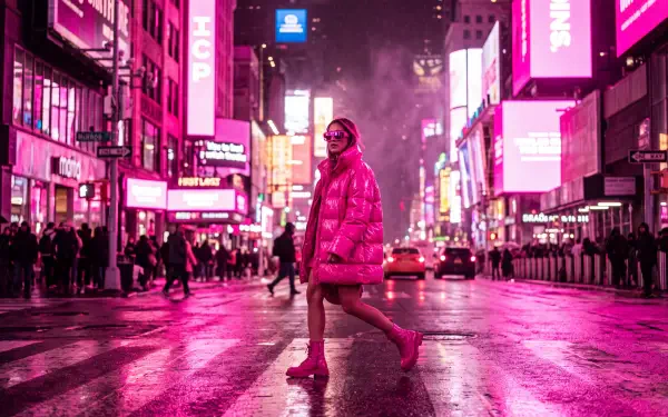 Woman in a hot pink jacket crosses a neon-lit city street at night, signs reflecting on wet pavement; 5K Ultra HD PC desktop wallpaper.