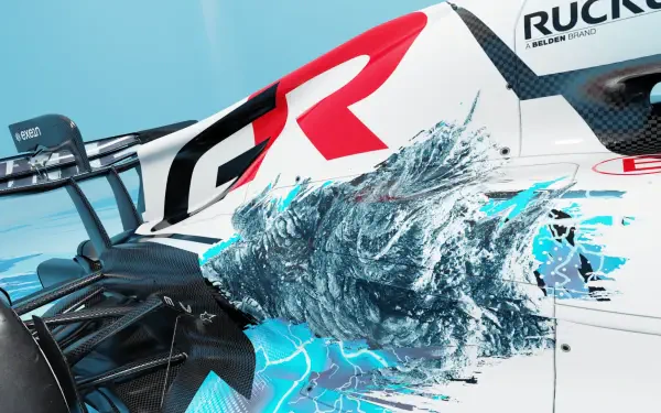Haas F1 Team Haas VF-26 race car cutting through a dramatic blue splash, HD PC desktop wallpaper and background.