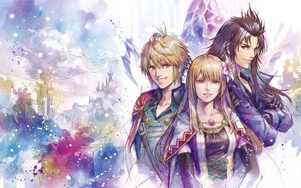 Final Fantasy Resonance anime 5K Ultra HD PC desktop wallpaper featuring three fantasy characters against a sparkling watercolor background.