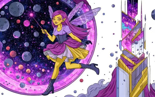A purple-haired pixie fairy with glittering wings flies through a cosmic scene beside a crystalline tower, in 4K Ultra HD PC desktop wallpaper.