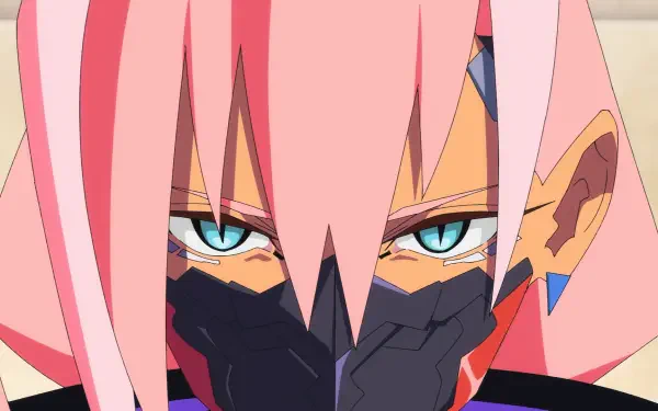 Anime close-up of Talia Yang from Cyberpunk: Edgerunners 2, with pink hair and a black face mask, HD PC desktop wallpaper background.