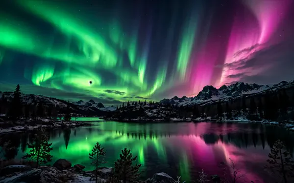 Vivid green and pink northern lights reflect across a mountain lake beneath a snowy range, in a 4K Ultra HD PC desktop wallpaper.
