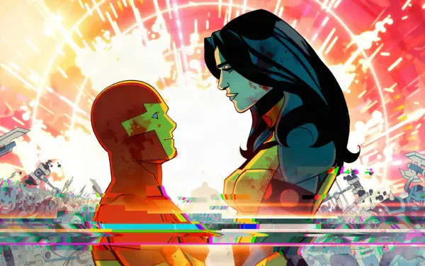 Mister Miracle and Big Barda face each other amid a vivid comic-book explosion in this 4K Ultra HD PC desktop wallpaper.