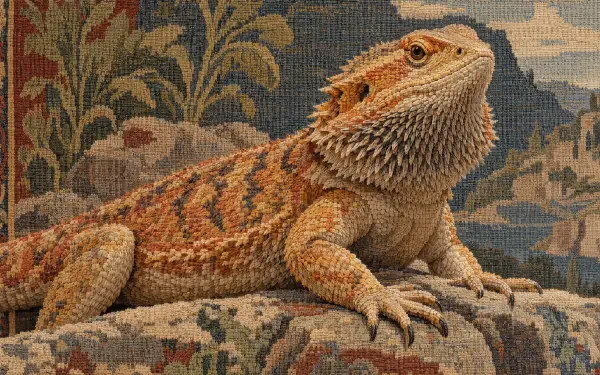 Bearded dragon lizard resting on a patterned tapestry, featured in a 4K Ultra HD PC desktop wallpaper and background.