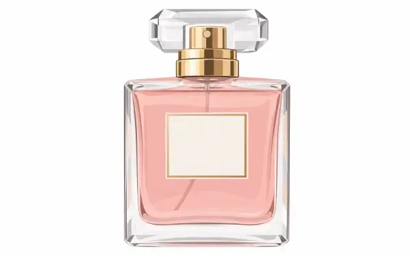 Pink perfume bottle with a faceted glass cap on a white background, 4K Ultra HD PC desktop wallpaper and background.