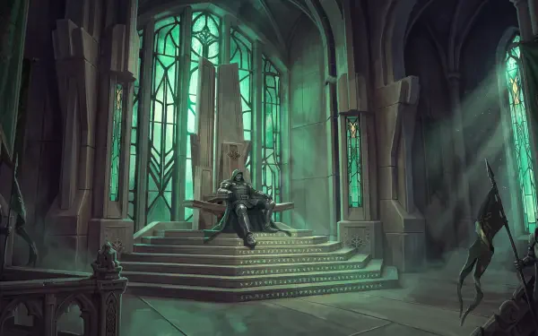 Doctor Doom on a throne in a gothic green-lit hall, Avengers: Doomsday 5K Ultra HD PC desktop wallpaper