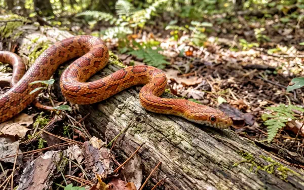 Corn snake slithering across a fallen log on a leafy forest floor, 5K Ultra HD PC desktop wallpaper background.