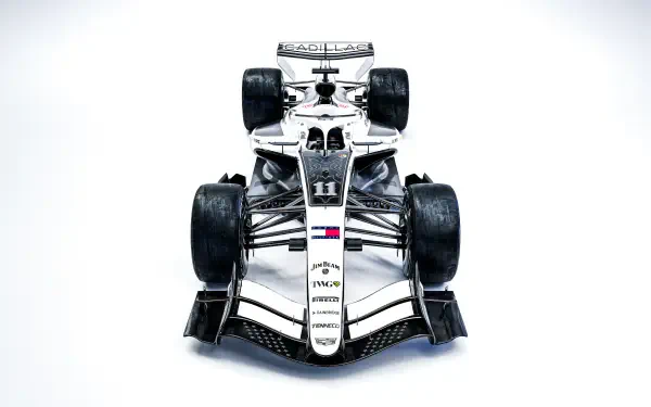 Cadillac MAC-26 F1 race car viewed from above against a clean white background, 8K Ultra HD desktop wallpaper.