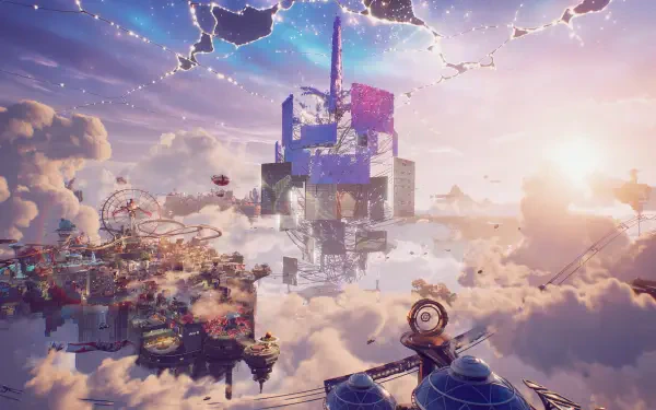 A surreal floating city of castles and towers rising above glowing clouds at sunset, HD PC desktop wallpaper and background from Ordinary Oddness.