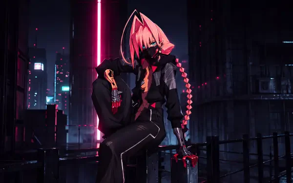 Talia Yang with pink hair in a neon-lit cyberpunk city, Cyberpunk: Edgerunners 2 anime art, 5K Ultra HD PC desktop wallpaper.
