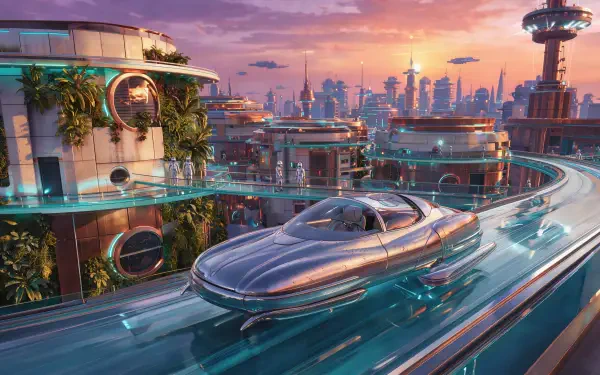 Retro-futuristic science fiction city with a sleek futuristic car on an elevated roadway, 4K Ultra HD PC desktop wallpaper.