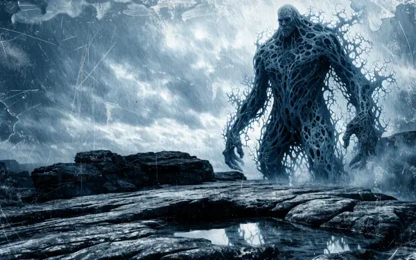 A towering icy troll monster rises from a frozen landscape in this 4K Ultra HD PC desktop wallpaper.