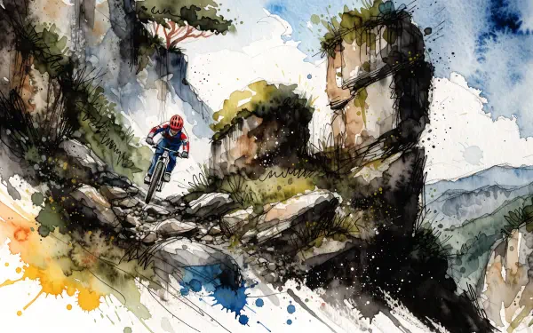 Watercolor mountain biker speeding over rocky terrain, 4K Ultra HD PC desktop wallpaper and background.