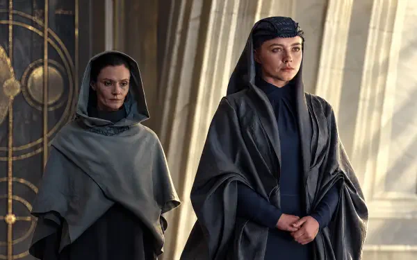 Florence Pugh in a dark robe beside a woman in a Dune: Part Three sci-fi scene, 4K Ultra HD PC desktop wallpaper and background.