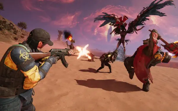 Once Human video game battle with a soldier firing a gun at monstrous enemies in a desert, 4K Ultra HD PC desktop wallpaper.