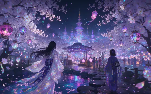 Anime cherry blossom festival with glowing lanterns, a couple by a reflective pond, and a luminous palace—4K Ultra HD PC desktop wallpaper.
