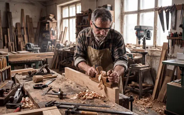 Carpenter shaping wood at a workbench in a sunlit workshop, with hand tools and sawdust—5K Ultra HD desktop wallpaper and background.