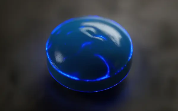 Glowing blue glass pill marble on a dark surface, featured in a 4K Ultra HD PC desktop wallpaper and background.