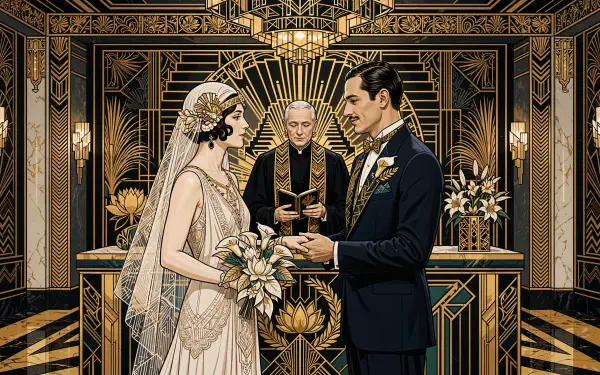 Art Deco wedding illustration of a bride and groom exchanging rings, 4K Ultra HD PC desktop wallpaper and background.