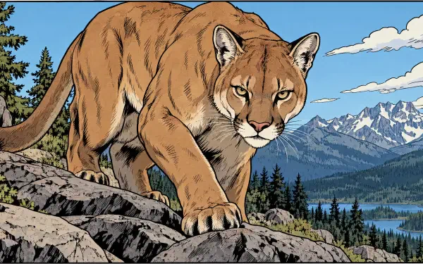 Illustrated mountain lion, or cougar, prowls rocky terrain against a mountain landscape in a 4K Ultra HD PC desktop wallpaper.