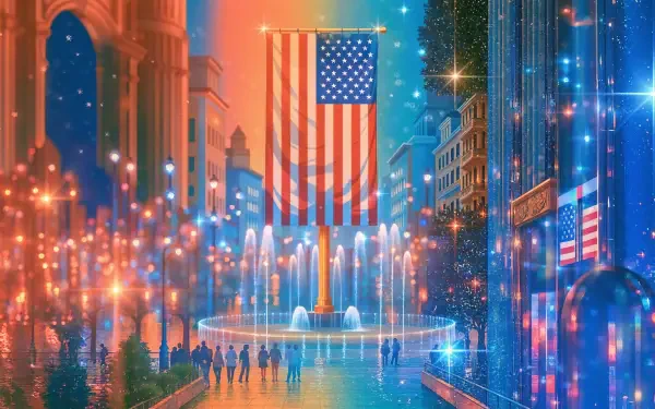 Patriotic American flag above a glowing cityscape fountain at dusk, 4K Ultra HD PC desktop wallpaper and background.
