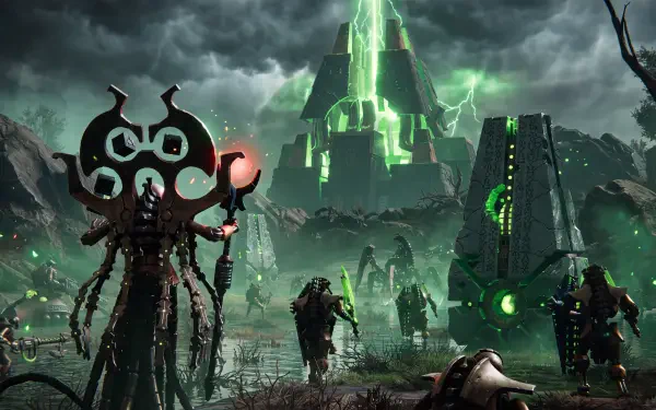 5K Ultra HD Warhammer 40,000: Dawn of War IV wallpaper showing sci-fi soldiers beneath towering green energy structures on a stormy battlefield.